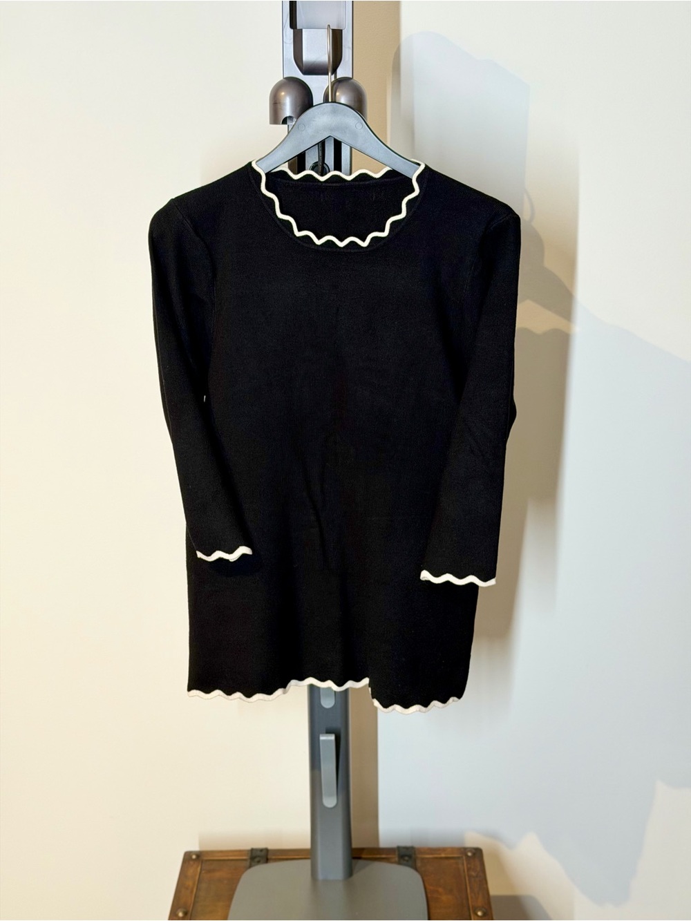 Black Knit Top with White Scallop Trim